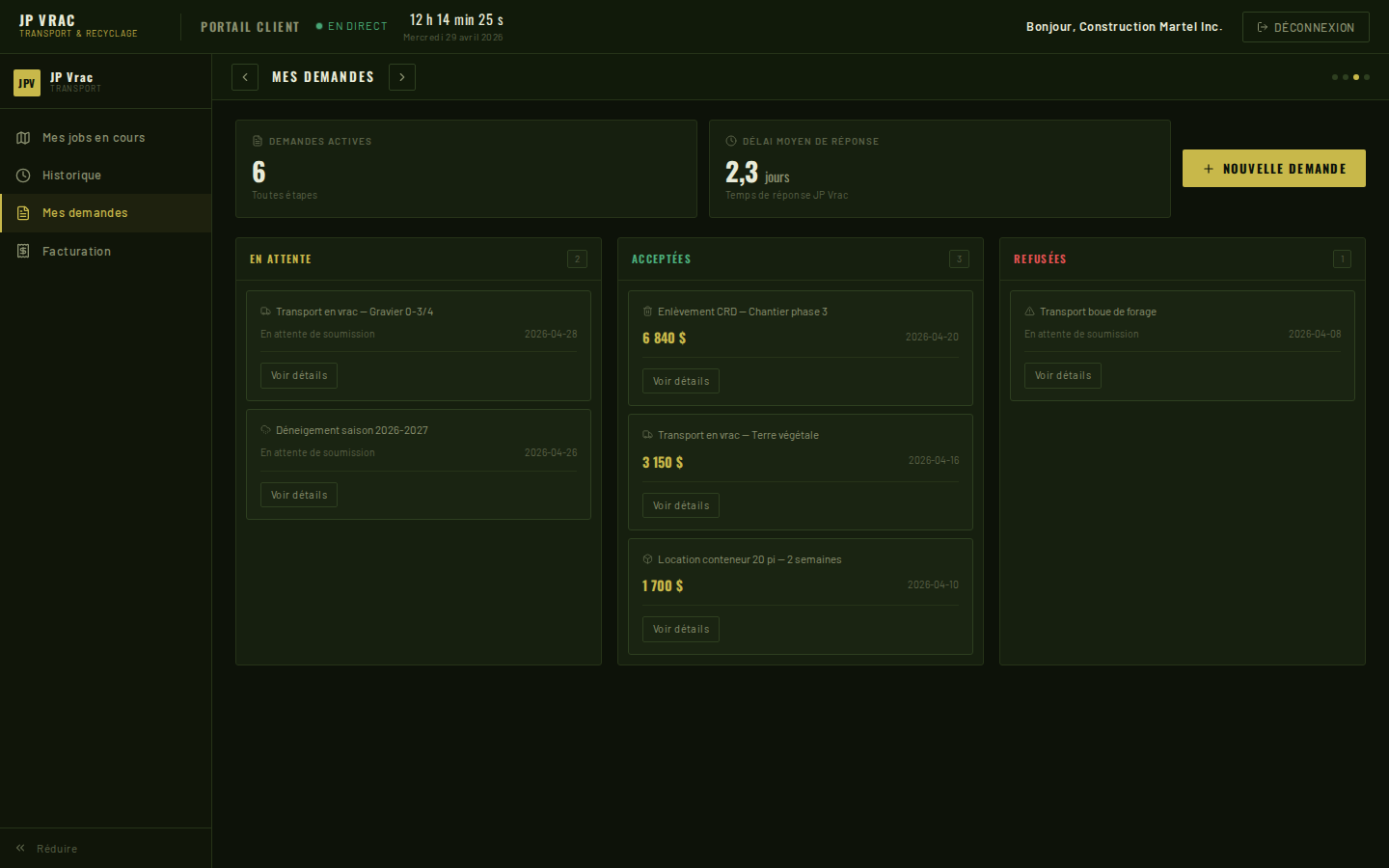 Mes demandes — Vos soumissions en kanban